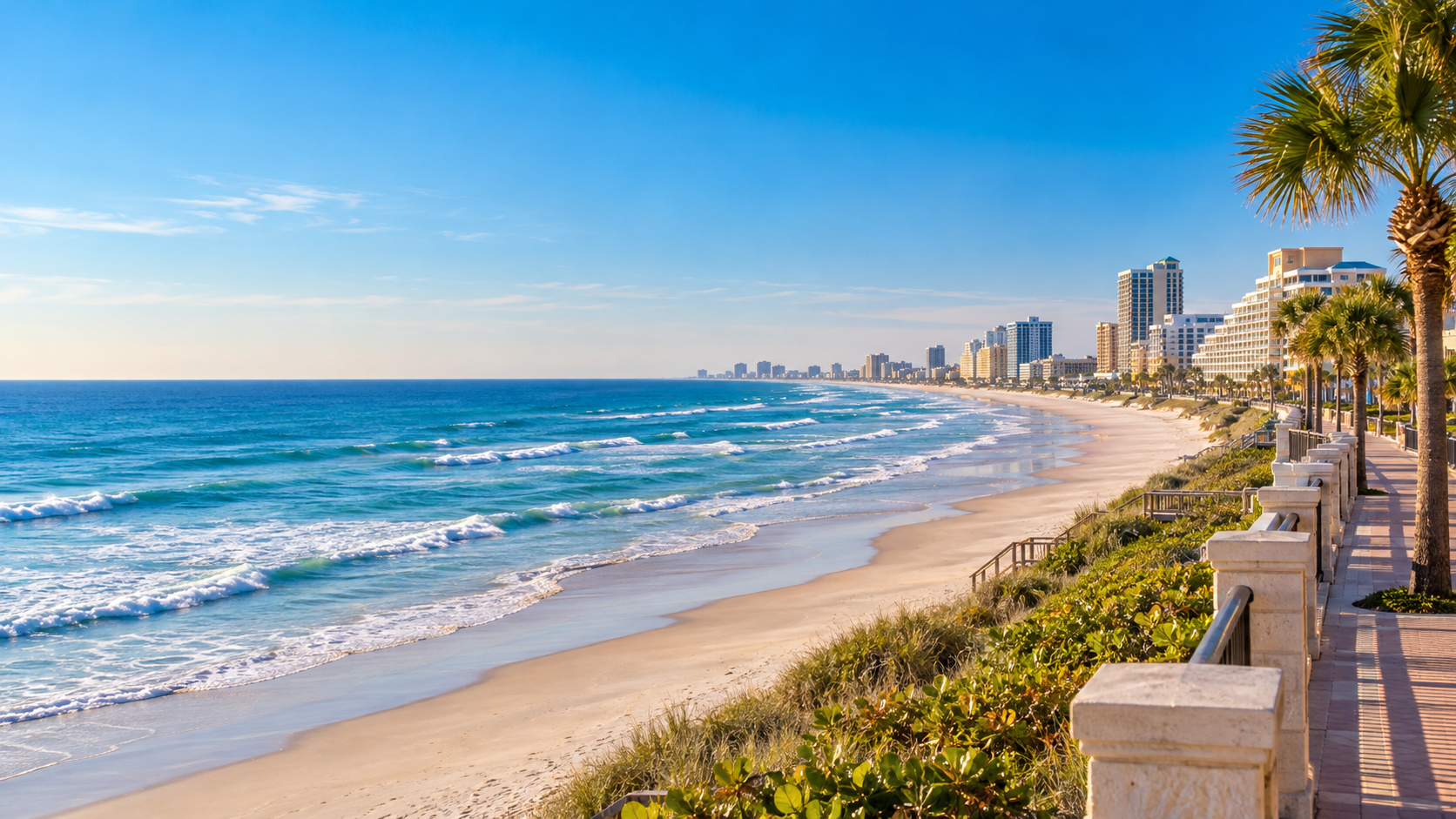 Florida beachfront with ocean waves and a palm-lined promenade